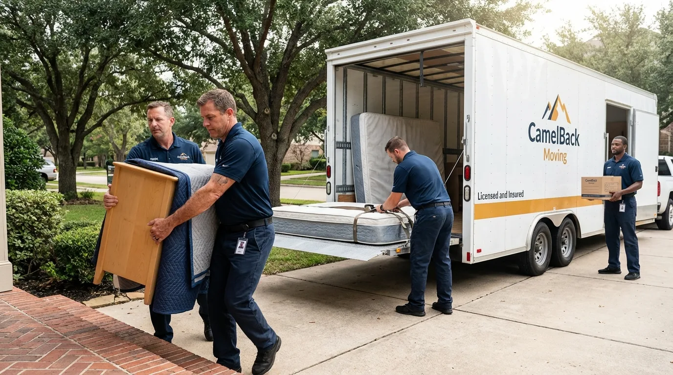 Crew loading residential truck for cross-state move from Winters, TX