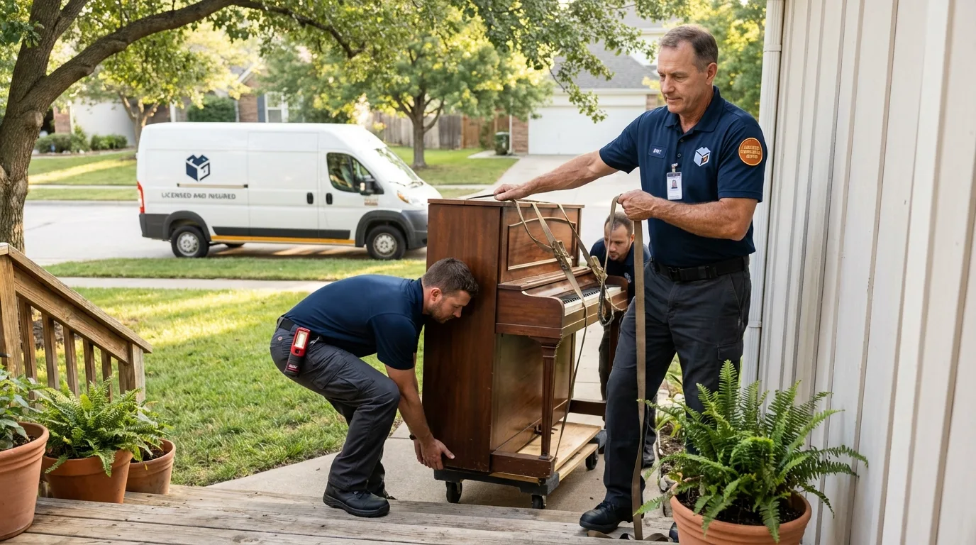 Licensed piano movers securing grand piano in Winters, TX