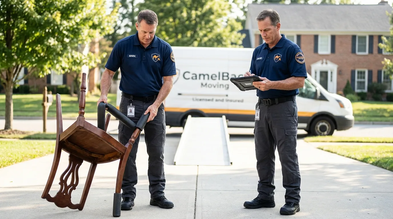 Movers inspecting furniture for damage prevention before loading in Winters, TX